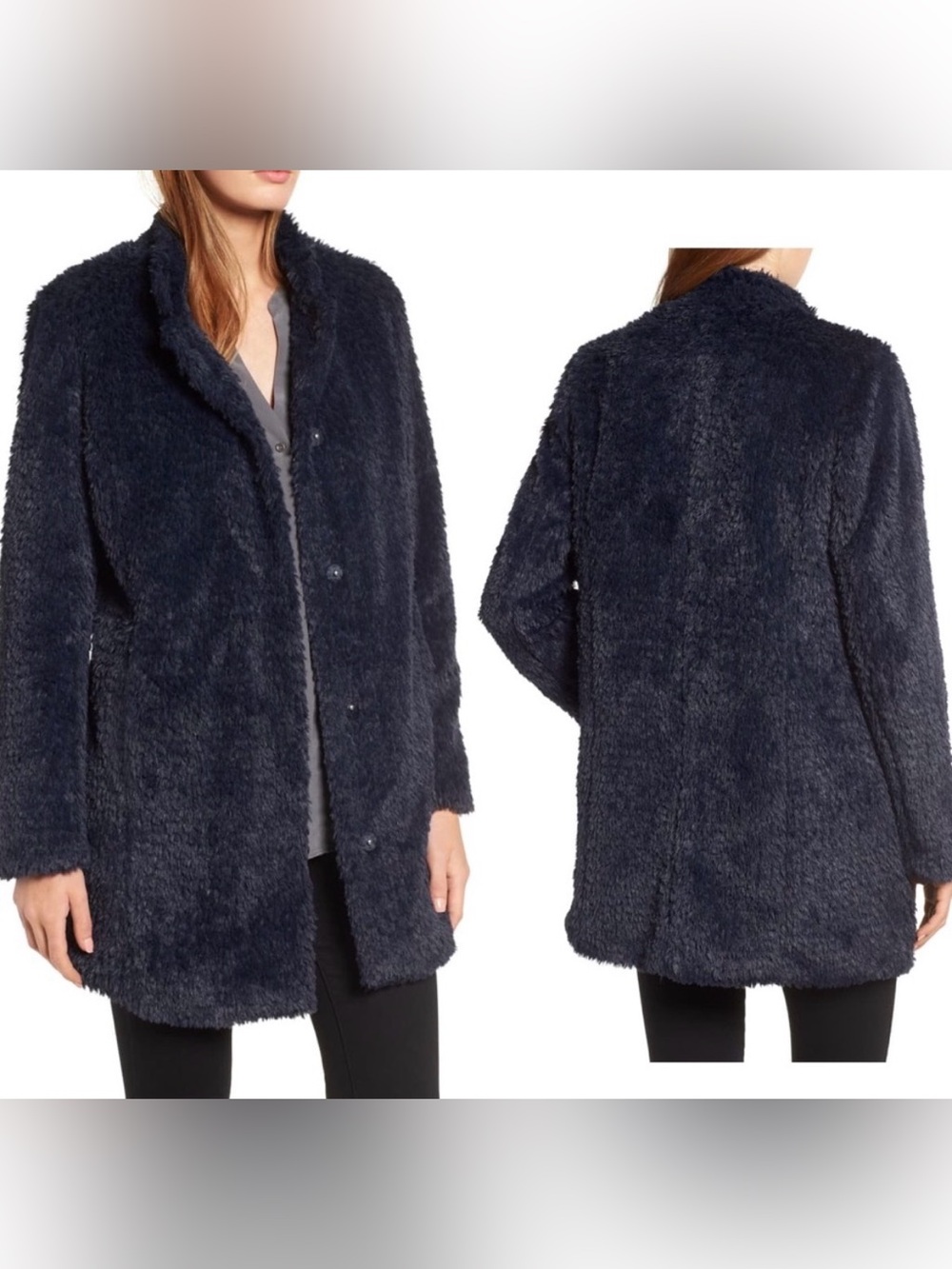 Kenneth Cole New York Cozy Chic Black Teddy Coat Mid Length Hidden Buttons Sz M - Picture 2 of 14